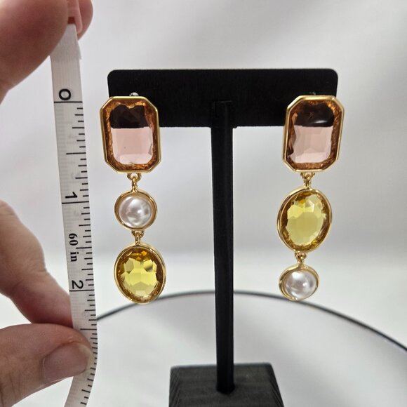 14k Gold Plated Elise Three Stone Statement Drop Earrings - Picture 3 of 3